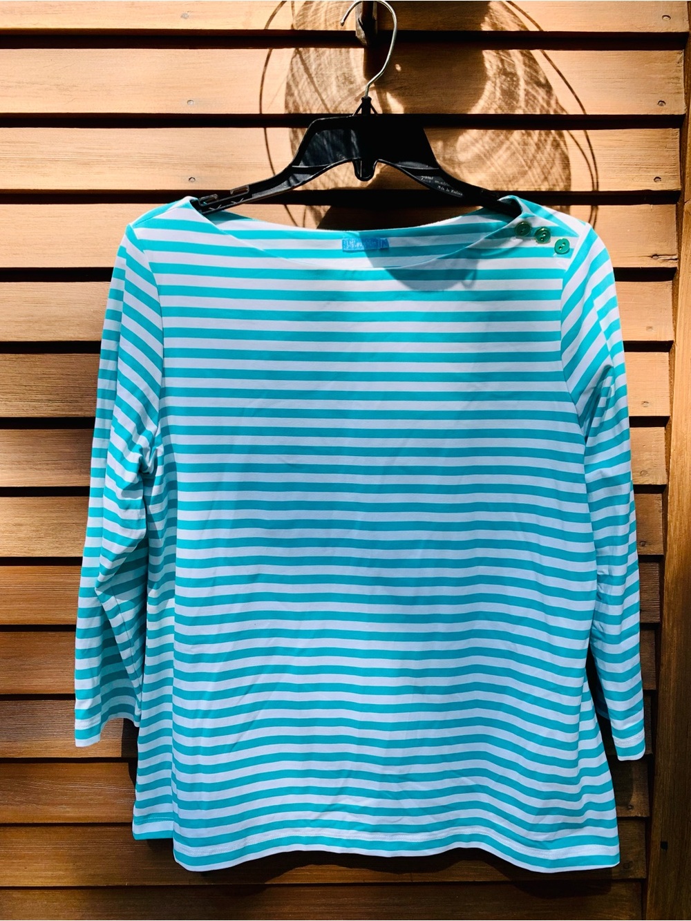 J. McLaughlin Turquoise and White Striped Boatneck Top